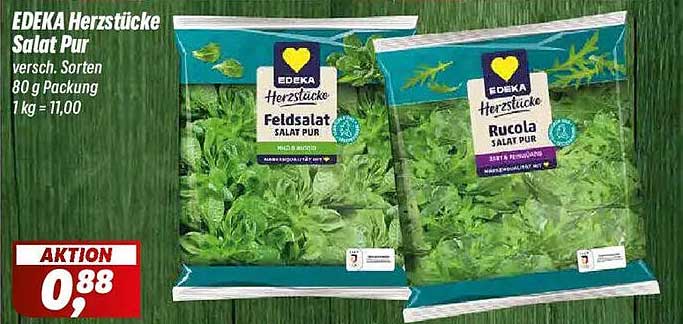 EDEKA Herzstücke Salat Pur versch. Sorten 80 g Packung 1 kg = 11,00