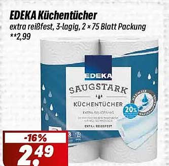 EDEKA Küchentücher extra reißfest, 3-lagig, 2 x 75 Blatt Packung