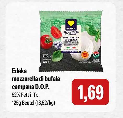 Edeka mozzarella di bufala campana D.O.P. 52% Fett i. Tr. 125g Beutel (13,52/kg)