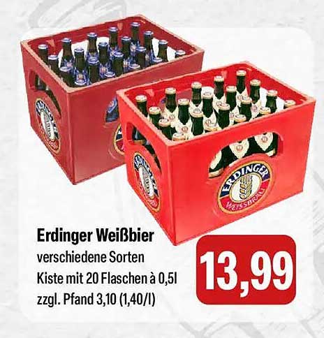 Erdinger Weißbier verschiedene Sorten Kiste mit 20 Flaschen à 0,5l zzgl. Pfand 3,10 (1,40/l)