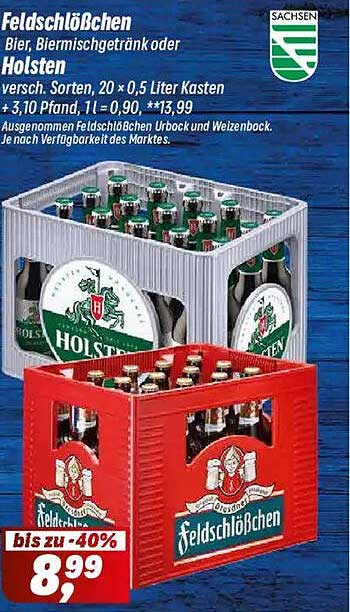 Feldschlößchen Bier, Biermischgetränk oder Holsten versch. Sorten, 20 x 0,5 Liter Kasten + 3,10 Pfand, 1l = 0,90, **13,99