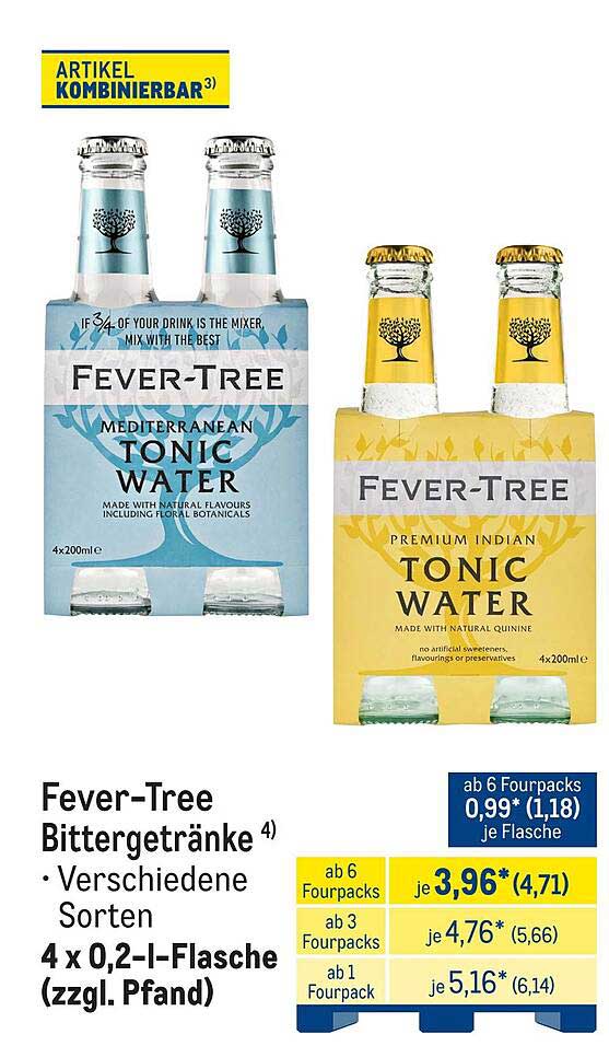 Fever-Tree Bittergetränke - Verschiedene Sorten 4 x 0,2-l-Flasche (zzgl. Pfand)