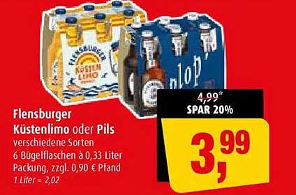 Flensburger Küstenlimo oder Pils verschiedene Sorten 6 Bügelflaschen à 0,33 Liter Packung, zzgl. 0,90 € Pfand
