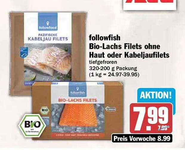 followfish Bio-Lachs Filets ohne Haut oder Kabeljaufilets