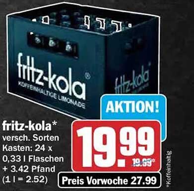 fritz-kola* versch. Sorten Kasten: 24 x 0,33 l Flaschen + 3,42 Pfand