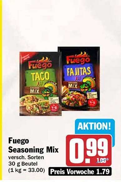 Fuego Seasoning Mix versch. Sorten 30 g Beutel (1 kg = 33.00)