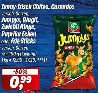 funnys-fresh Chitos, Cornados versch. Sorten, Jumpys, Ringli, Zwiebli Ringe, Paprika Ecken oder Frit-Sticks versch. Sorten 75 - 100 g Packung