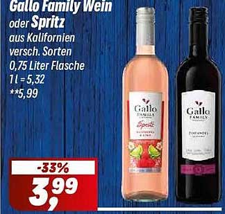 Gallo Family Wein oder Spritz aus Kalifornien versch. Sorten 0,75 Liter Flasche 1 l = 5,32