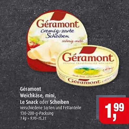 Géramont Weichkäse, mini, Le Snack oder Scheiben verschiedene Sorten und Fettanteile 130-200-g-Packung 1 kg = 9,95-15,31