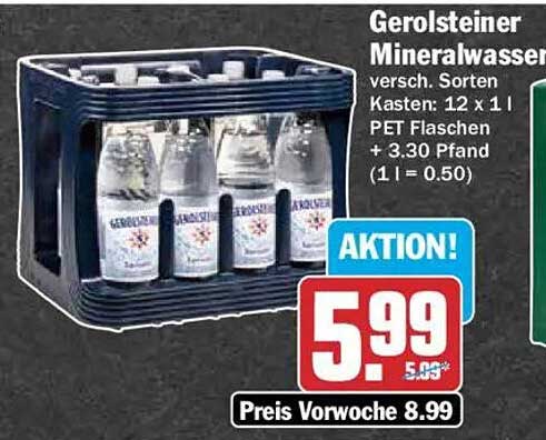 Gerolsteiner Mineralwasser versch. Sorten Kasten: 12 x 1 l PET Flaschen + 3.30 Pfand (1 l = 0.50)