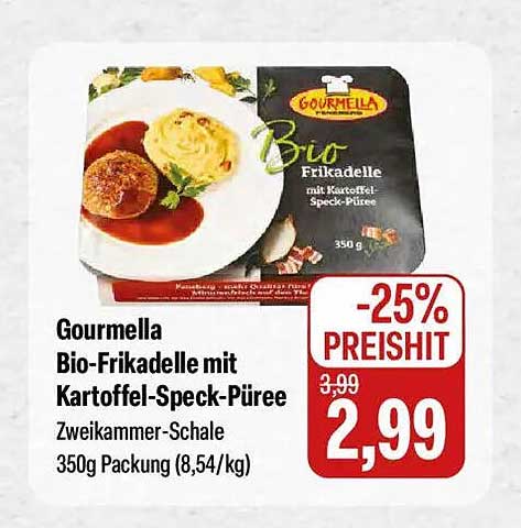 Gourmella Bio-Frikadelle mit Kartoffel-Speck-Püree Zweikammer-Schale 350g Packung (8,54/kg)