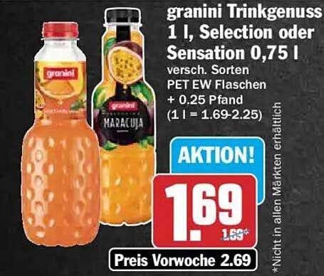 granini Trinkgenuss 1 l, Selection oder Sensation 0,75 l versch. Sorten PET EW Flaschen + 0.25 Pfand (1 l = 1.69-2.25)