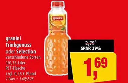 granini Trinkgenuss oder Selection verschiedene Sorten 1/0,75-Liter-PET-Flasche zzgl. 0,25 € Pfand 1 Liter = 1,69/2,25