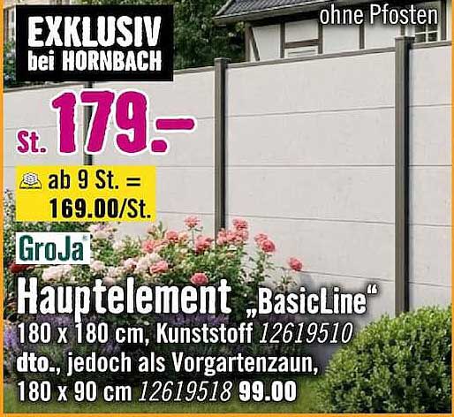 GroJa Hauptelement „BasicLine“ 180 x 180 cm, Kunststoff 12619510 dto., jedoch als Vorgartenzaun, 180 x 90 cm 12619518 99.00