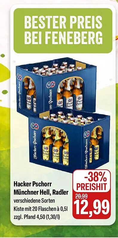 Hacker Pschorr Münchner Hell, Radler verschiedene Sorten Kiste mit 20 Flaschen à 0,5 l zzgl. Pfand 4,50 (1,30/l)