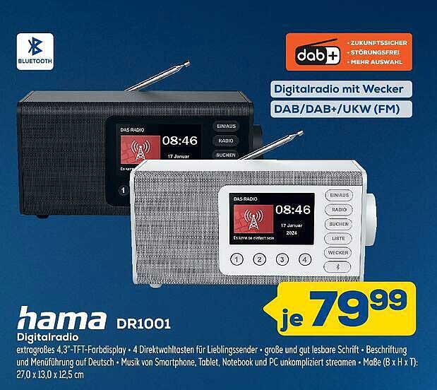 hama DR1001 Digitalradio mit Wecker DAB/DAB+/UKW (FM)