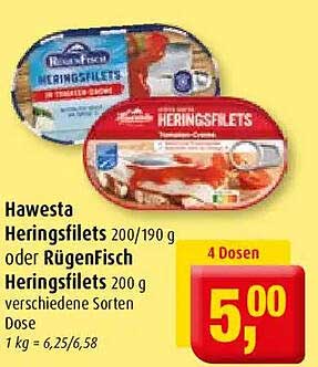 Hawesta Heringsfilets 200/190 g oder RügenFisch Heringsfilets 200 g verschiedene Sorten Dose