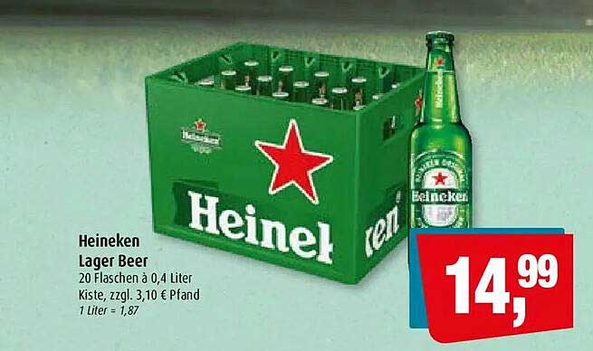Heineken Lager Beer 20 Flaschen à 0,4 Liter Kiste, zzgl. 3,10 € Pfand