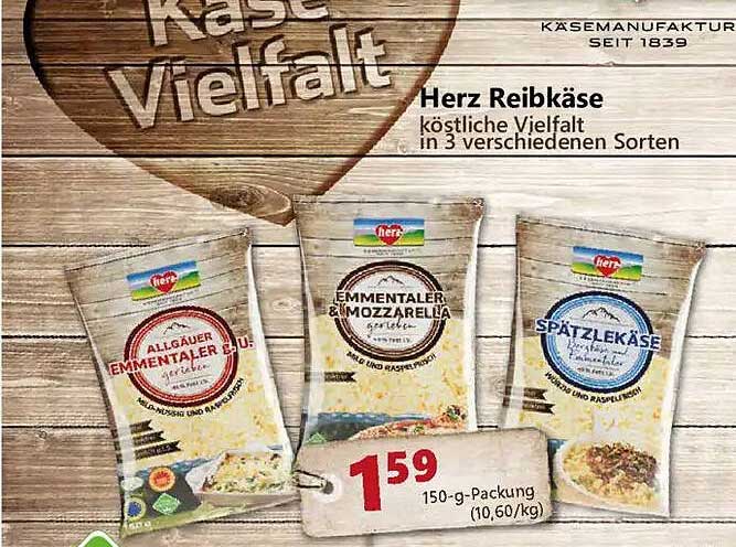 Herz Reibkäse köstliche Vielfalt in 3 verschiedenen Sorten