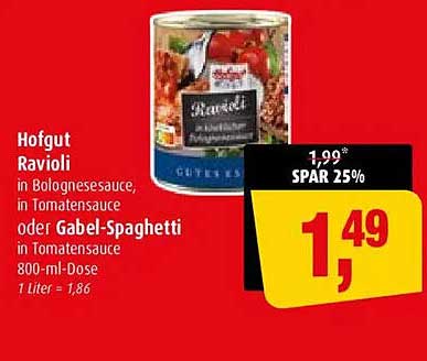 Hofgut Ravioli in Bolognesesauce, in Tomatensauce oder Gabel-Spaghetti in Tomatensauce 800-ml-Dose
