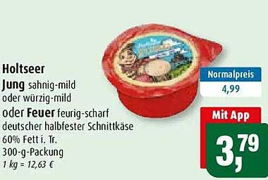 Holtseer Jung sahnig-mild oder würzig-mild oder Feuer feurig-scharf deutscher halbfester Schnittkäse