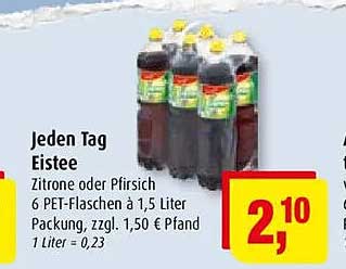 Jeden Tag Eistee Zitrone oder Pfirsich 6 PET-Flaschen à 1,5 Liter Packung, zzgl. 1,50 € Pfand