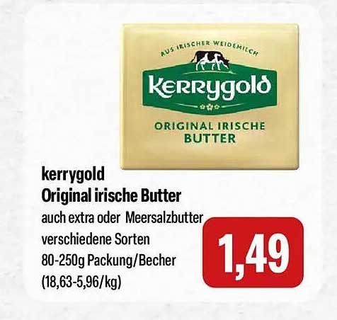 Kerrygold Original irische Butter auch extra oder Meersalzbutter verschiedene Sorten 80-250g Packung/Becher (18,63-5,96/kg)