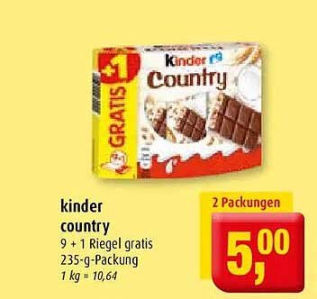 kinder country 9 + 1 Riegel gratis 235-g-Packung 1 kg = 10,64