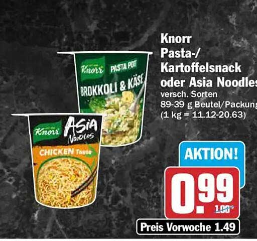 Knorr Pasta-/Kartoffelsnack oder Asia Noodles versch. Sorten 89-39 g Beutel/Packung (1 kg = 11.12-20.63)