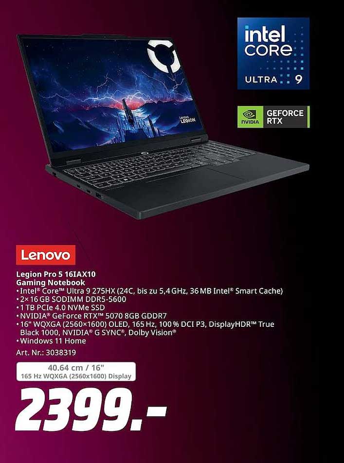 Lenovo Legion Pro 5 16IAX10 Gaming Notebook