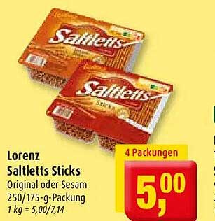 Lorenz Saltletts Sticks Original oder Sesam 250/175-g-Packung 1 kg = 5,00/7,14