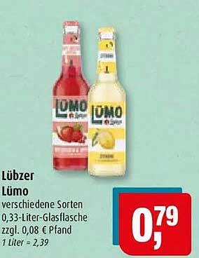 Lübzer Lümo verschiedene Sorten 0,33-Liter-Glasflasche zzgl. 0,08 € Pfand 1 Liter = 2,39