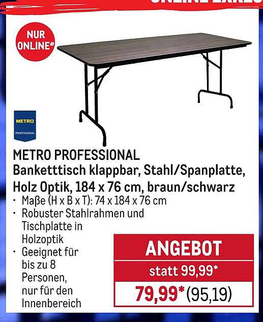 METRO PROFESSIONAL Banketttisch klappbar, Stahl/Spanplatte, Holz Optik, 184 x 76 cm, braun/schwarz