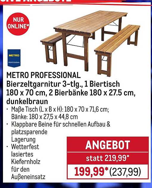 METRO PROFESSIONAL Bierzeltgarnitur 3-tlg., 1 Biertisch 180 x 70 cm, 2 Bierbänke 180 x 27,5 cm, dunkelbraun