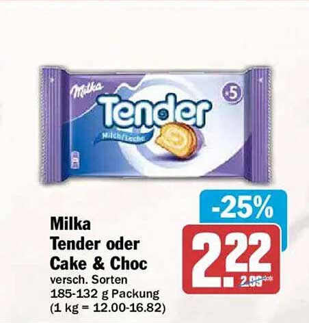 Milka Tender oder Cake & Choc versch. Sorten 185-132 g Packung (1 kg = 12.00-16.82)