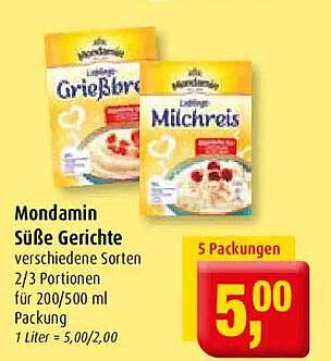 Mondamin Süße Gerichte verschiedene Sorten 2/3 Portionen für 200/500 ml Packung 1 Liter = 5,00/2,00