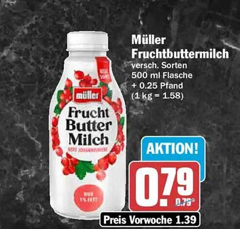 Müller Fruchtbuttermilch versch. Sorten 500 ml Flasche + 0.25 Pfand (1 kg = 1.58)