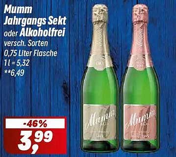 Mumm Jahrgangs Sekt oder Alkoholfrei versch. Sorten 0,75 Liter Flasche 1 l = 5,32 **6,49