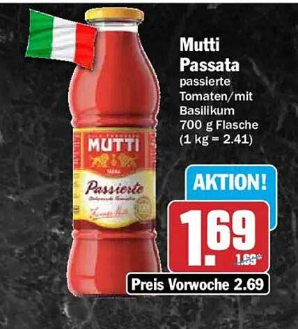 Mutti Passata passierte Tomaten/mit Basilikum 700 g Flasche (1 kg = 2.41)