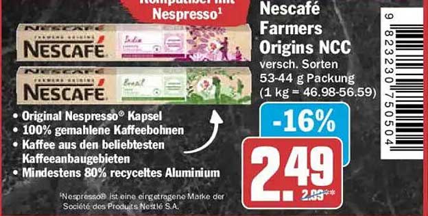 Nescafé Farmers Origins NCC versch. Sorten 53-4 g Packung (1 kg = 46.98-56.59)