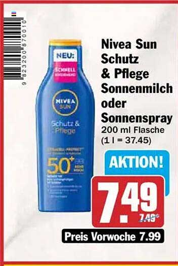Nivea Sun Schutz & Pflege Sonnenmilch oder Sonnenspray 200 ml Flasche (1 l = 37.45)