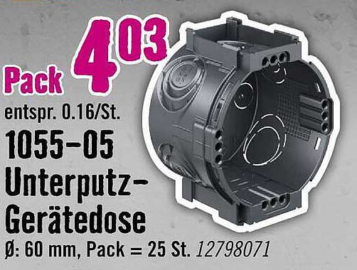 Pack 4,03 entspr. 0.16/St. 1055-05 Unterputz-Gerätedose Ø: 60 mm, Pack = 25 St. 12798071