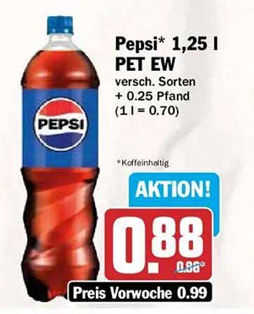 Pepsi* 1,25 l PET EW versch. Sorten + 0.25 Pfand (1 l = 0.70) *Koffeinhaltig