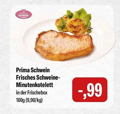 Prima Schwein Frisches Schweine-Minutenkotelett in der Frischebox 100g (9,90/kg)