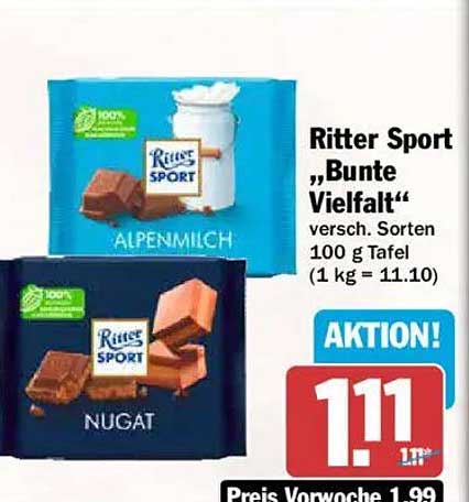 Ritter Sport „Bunte Vielfalt“ versch. Sorten 100 g Tafel (1 kg = 11.10)