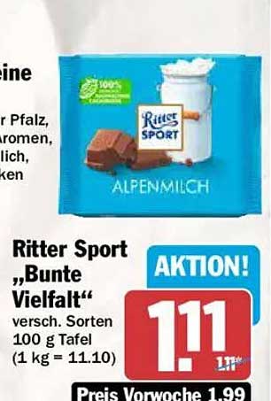 Ritter Sport „Bunte Vielfalt“ versch. Sorten 100 g Tafel (1 kg = 11.10)