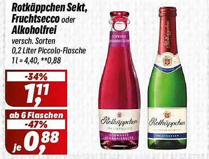 Rotkäppchen Sekt, Fruchtsecco oder Alkoholfrei versch. Sorten 0,2 Liter Piccolo-Flasche 1 l = 4,40, **0,88