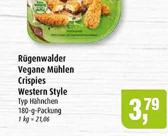 Rügenwalder Vegane Mühlen Crispies Western Style Typ Hähnchen 180-g-Packung 1 kg = 21,06
