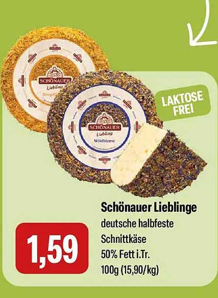 Schönauer Lieblinge deutsche halbfeste Schnittkäse 50% Fett i.Tr. 100g (15,90/kg)