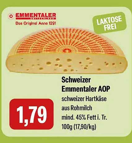 Schweizer Emmentaler AOP schweizer Hartkäse aus Rohmilch mind. 45% Fett i. Tr. 100g (17,90/kg)